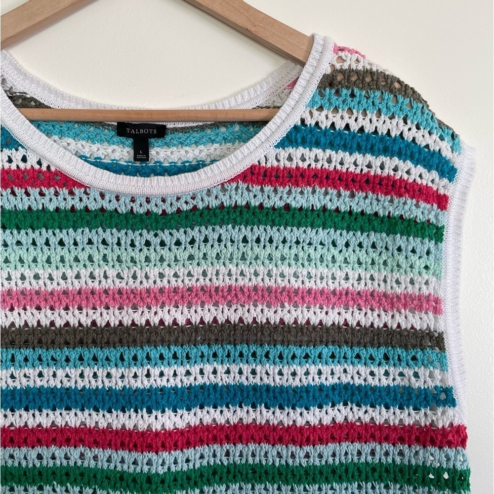 Talbots Crocheted Cap Sleeve Top Multicolored Stripe Size L